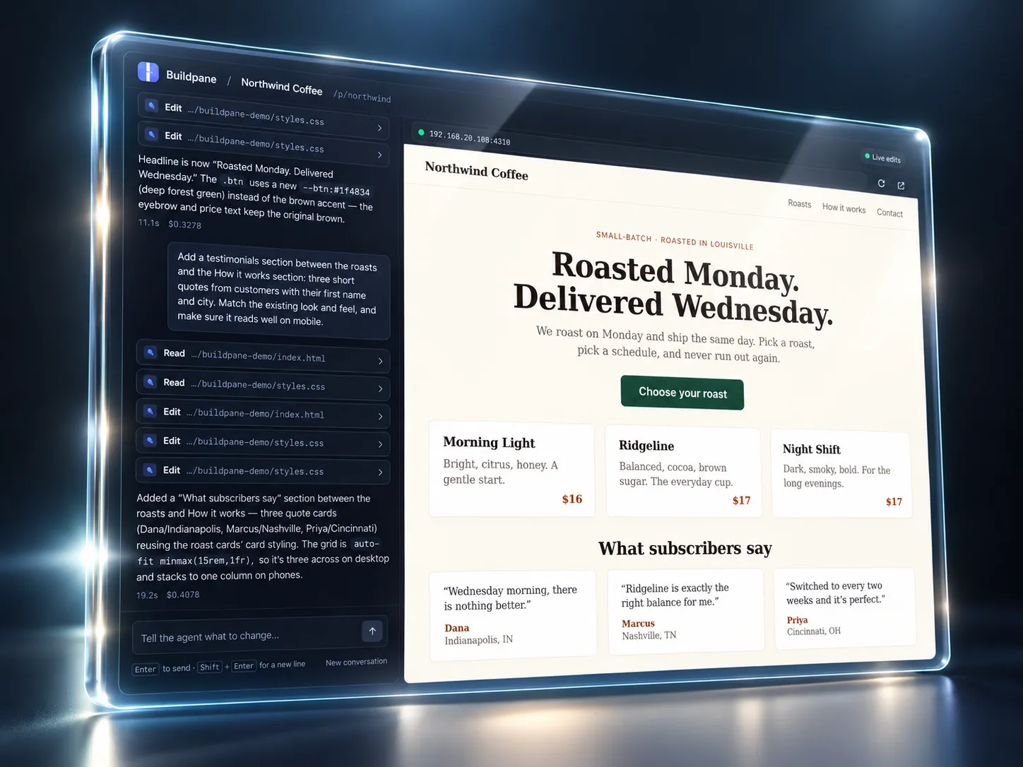 Buildpane in use: the AI builder on the left making changes, and the live website updating on the right, in one window.